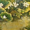 Pond of White Lotuses VII Vietnamese Lacquer Painting by Artist Do Khai