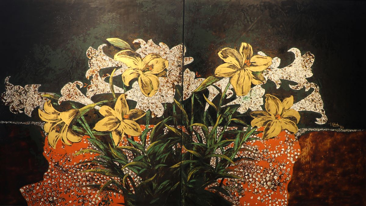 April Flowers - Vietnamese Lacqure Painting by Artist Trinh Que Anh