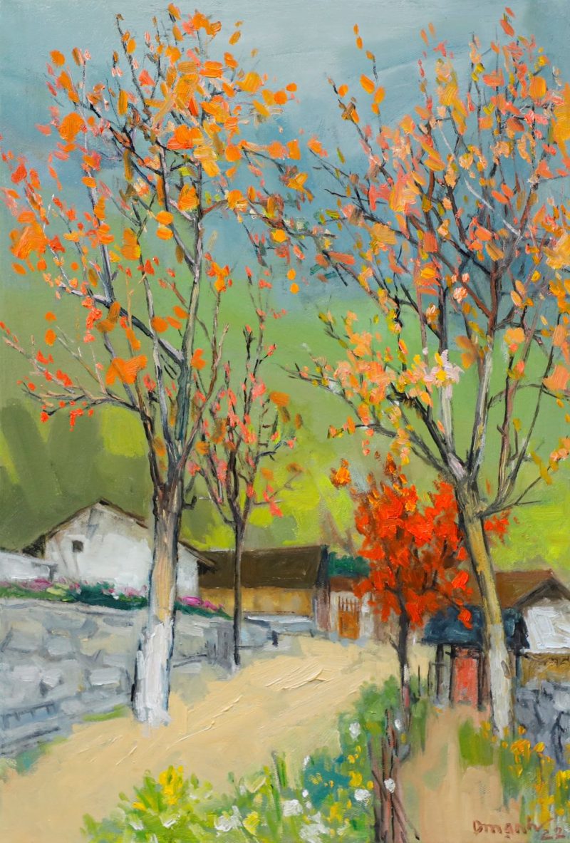 Autumn Comes to My Village - Vietnamese Oil Painting by Artist Lam Duc Manh