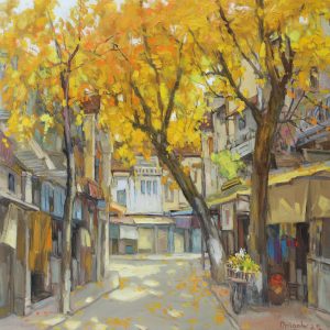 Autumn Comes to Street - Vietnamese Oil Painting by Artist Lam Duc Manh