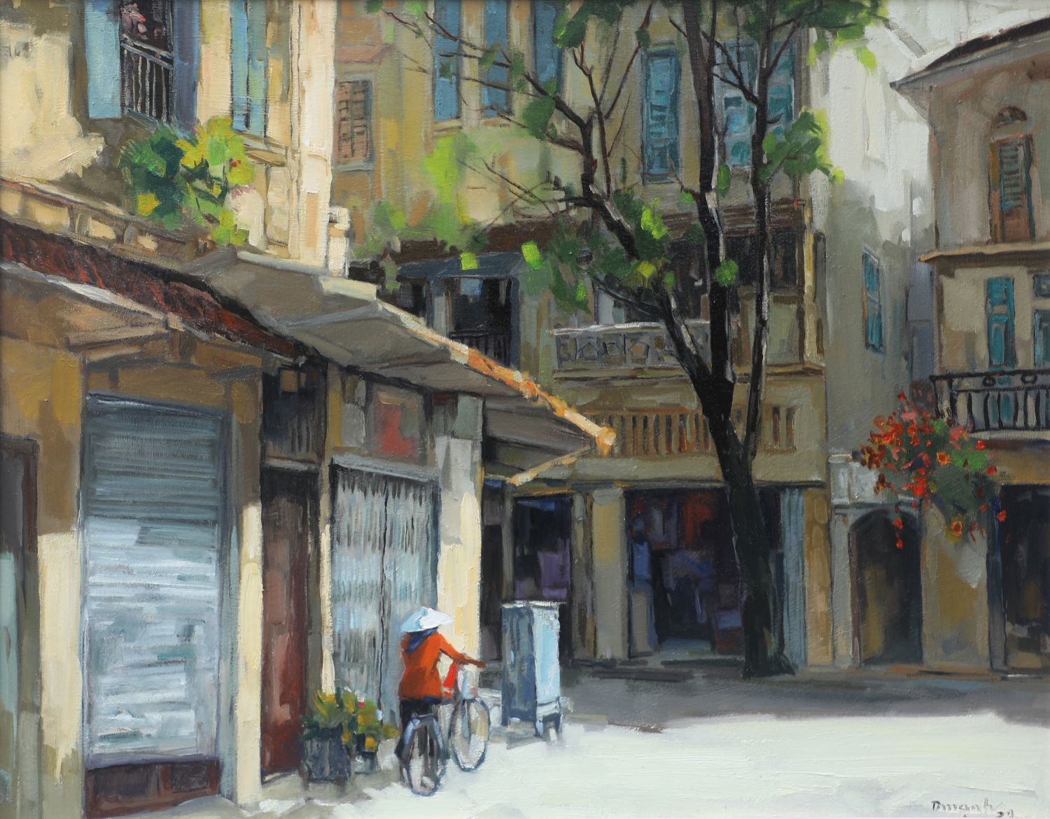 Autumn Sunlight on Street - Vietnamese Oil Painting by Artist Lam Duc Manh