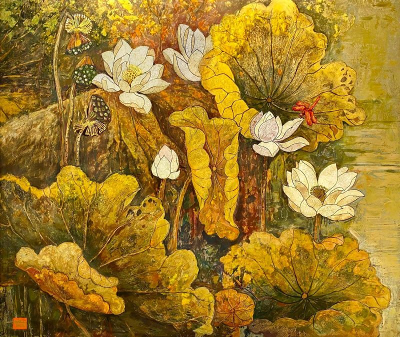 Autumn's Lotus - Vietnamese Lacquer Painting by Artist Do Khai