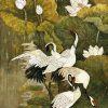 White Crane Among Lotuses III - Vietnamese Lacquer Painting by Artist Do Khai