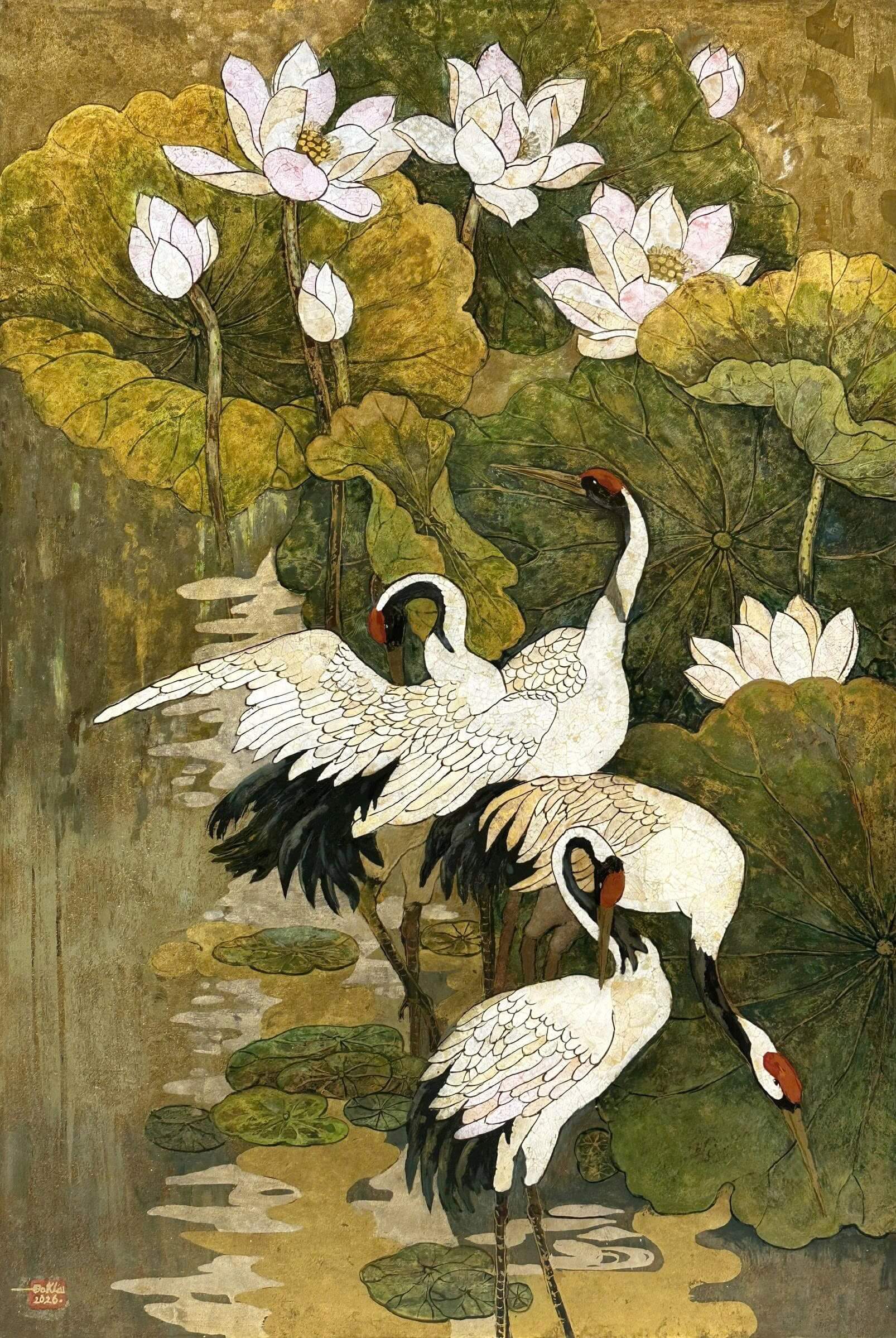 White Crane Among Lotuses III - Vietnamese Lacquer Painting by Artist Do Khai