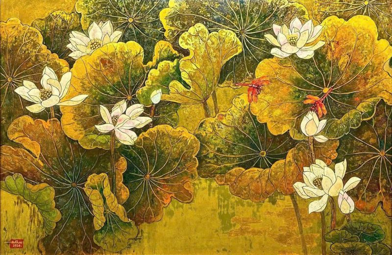White Lotus Blossom IV Vietnamese Lacquer Painting by Artist Do Khai