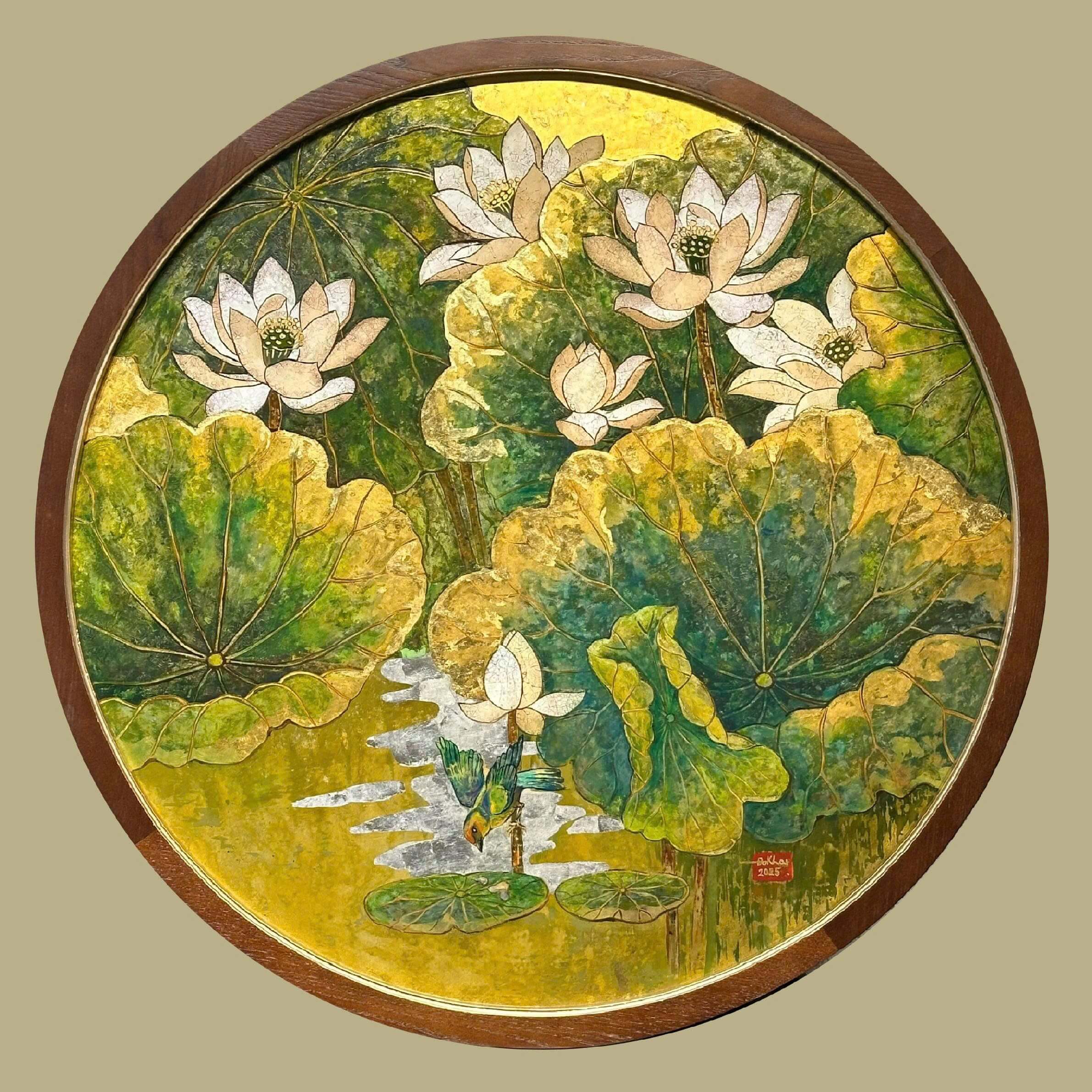 White Lotus V - Vietnamese Lacquer Painting by Artist Do Khai