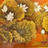 Pond of White Lotuses XIII Vietnamese Lacquer Painting by Artist Do Khai
