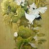 White Crane in Rain with Lotus Vietnamese Lacquer Painting by Artist Do Khai