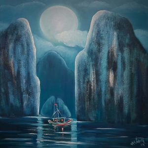Bay in the Moonlight - Vietnamese Oil Painting by Artist Hoang A Sang