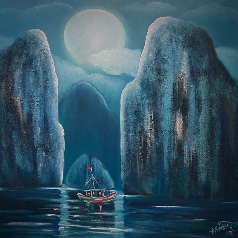 Bay in the Moonlight - Vietnamese Oil Painting by Artist Hoang A Sang