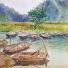 Van Long Wharf Vietnamese Watercolor Painting By Artist Nguyen Phuong