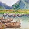 Van Long Wharf - Vietnamese Watercolor Painting By Artist Nguyen Ngoc Phuong