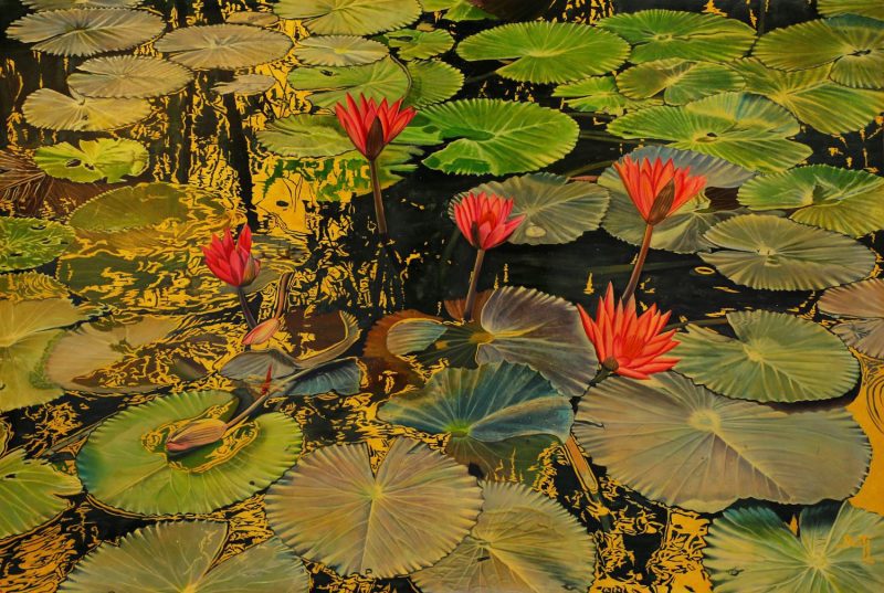 Blooming - Vietnamese Lacquer Painting by Artist Nguyen Xuan Viet