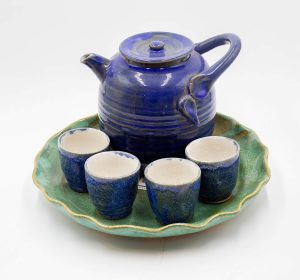 Blue Crystalline Tea Pot and Cups Full Set