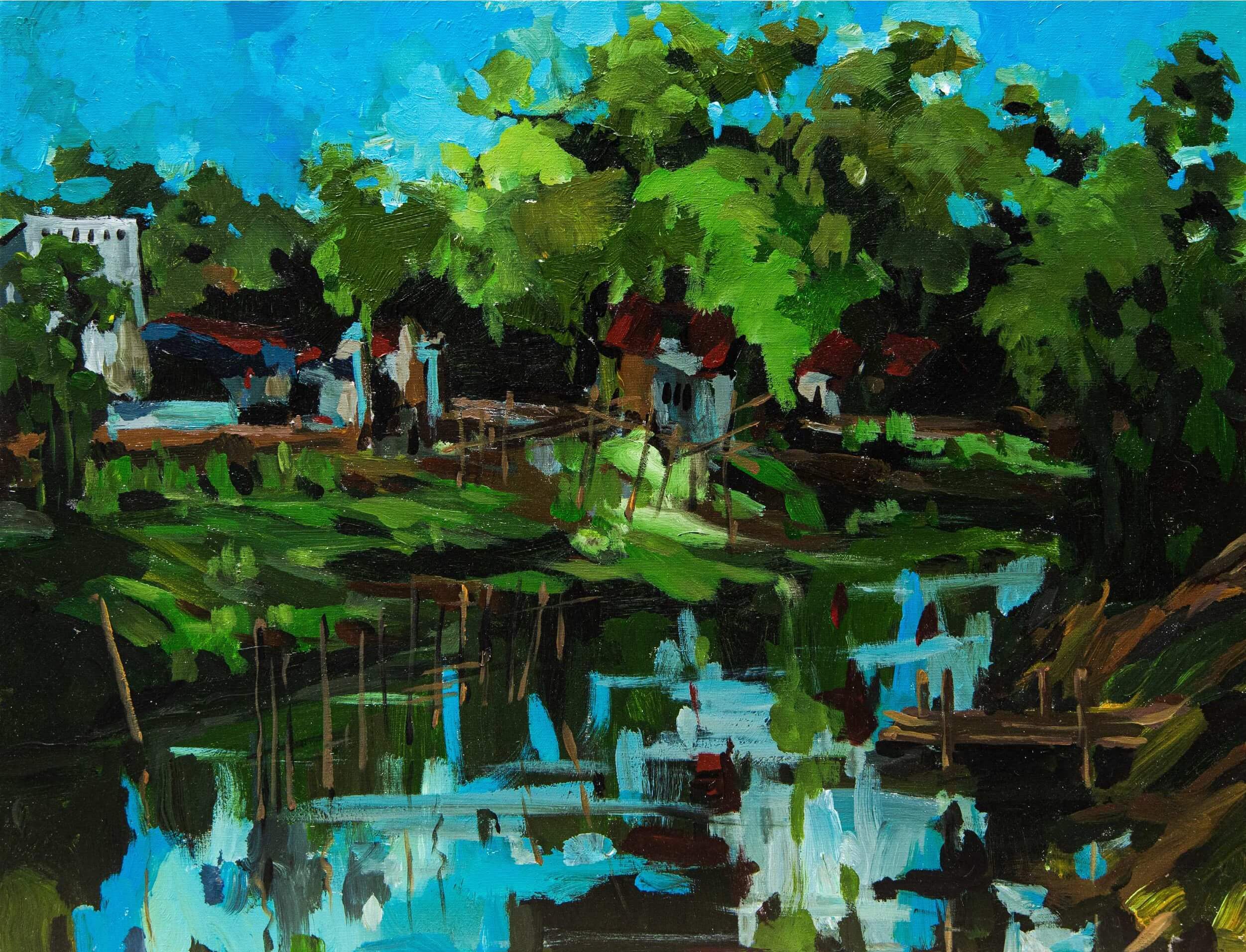 Village Silhouette - Oil Painting By Artist Vu Manh Tan