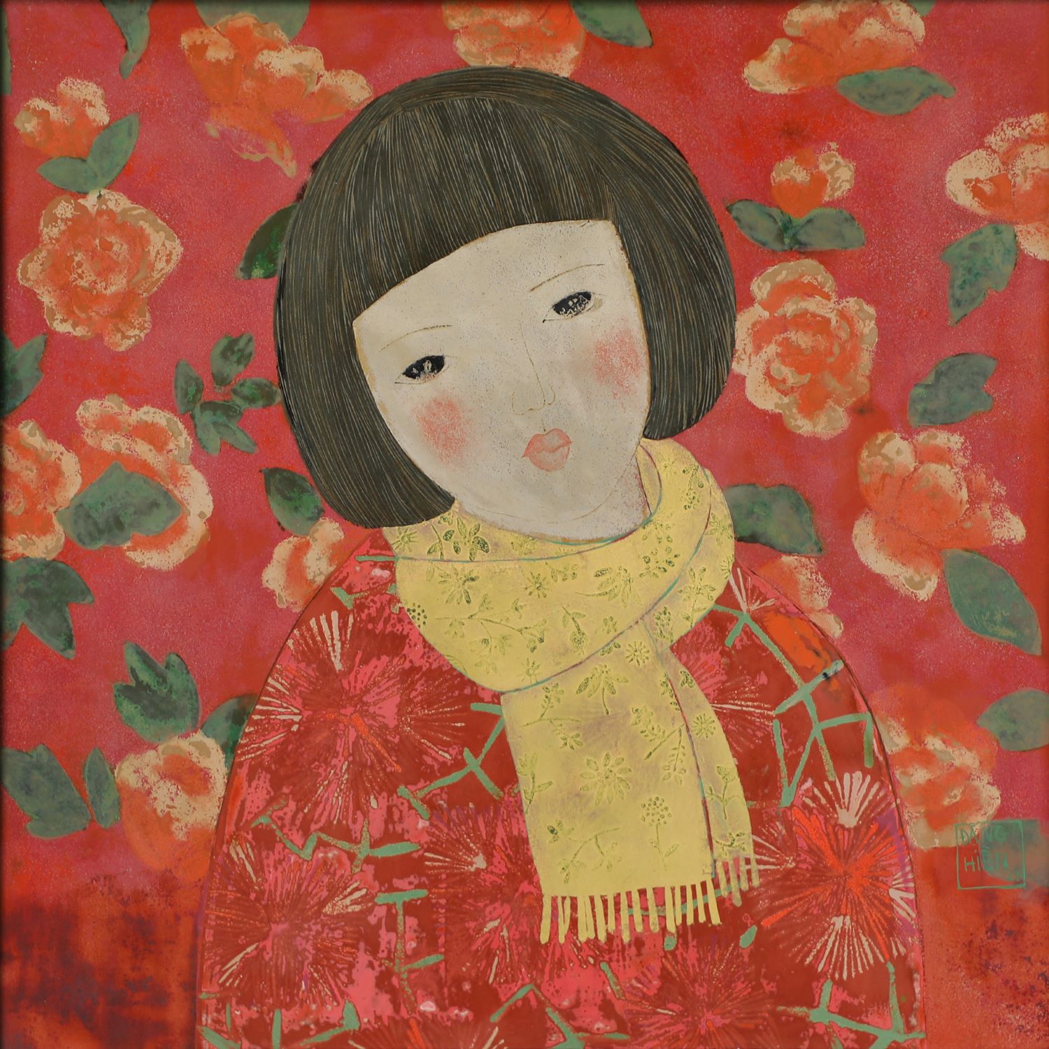 Camellia - Vietnamese Lacquer Painting by Artist Dang Hien