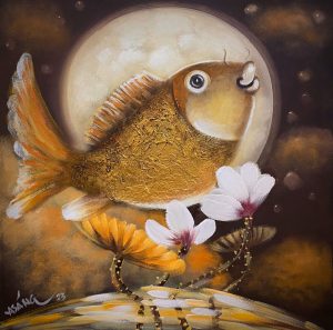 Carp in the Moonlight - Vietnamese Oil Painting by Artist Hoang A Sang