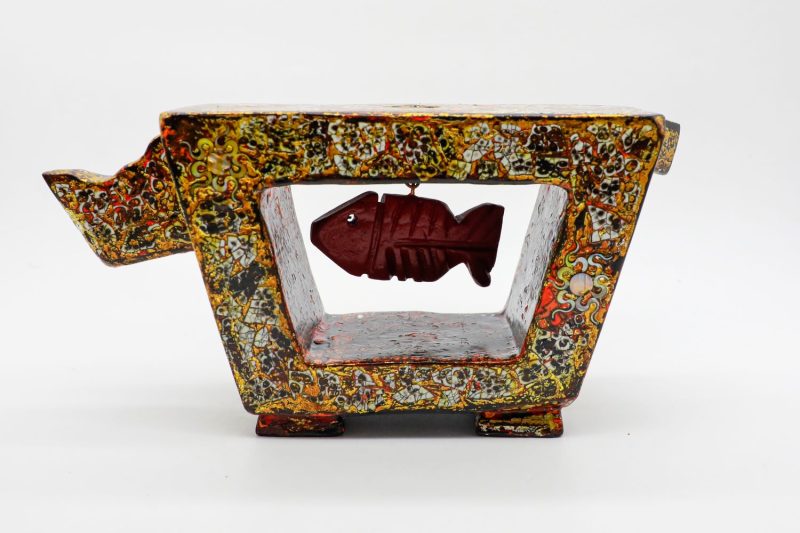 Cat Eats Fish II - Vietnamese Lacquer Artwork by Artist Nguyen Tan Phat