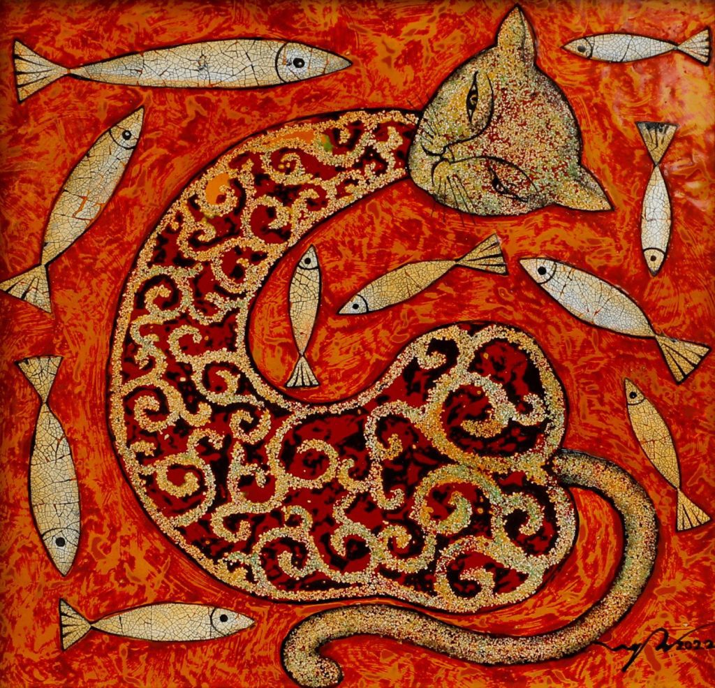 Cat Eats Fishes Vietnamese Lacquer Painting by Artist Nguyen Duc Huy