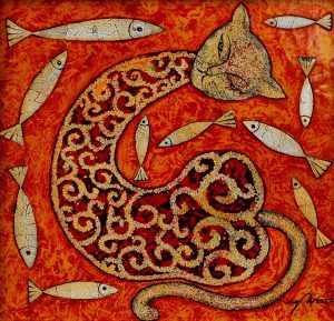 Cat Eats Fishes - Vietnamese Lacquer Painting by Artist Nguyen Duc Huy