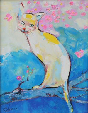 Cat Welcomes Spring - Vietnamese Oil Painting by Artist Dang Dinh Ngo