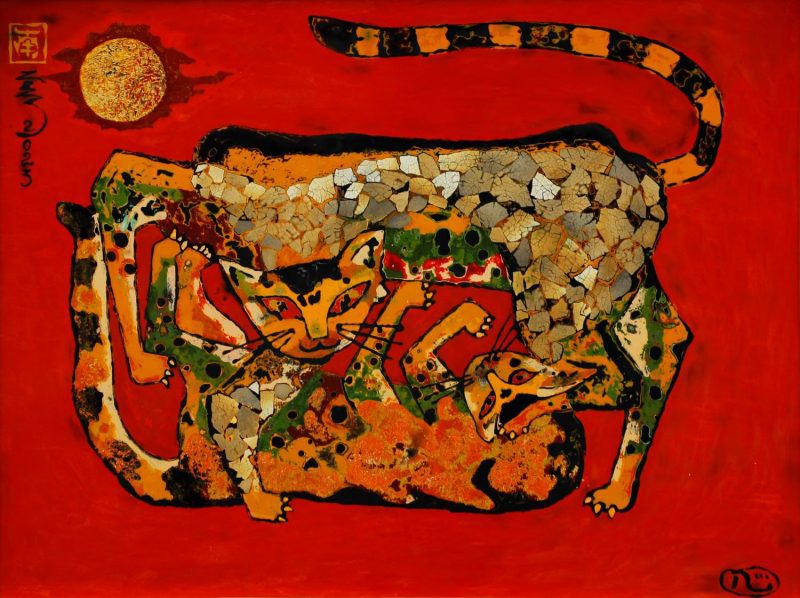 Cat of Wealth I - Vietnamese Lacquer Painting by Artist Tran Thieu Nam
