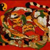 Cat of Wealth II - Vietnamese Lacquer Painting by Artist Tran Thieu Nam