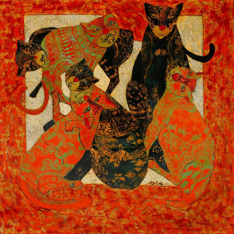 Cats' Talks - Vietnamese Lacquer Painting by Artist Ngo Ba Cong