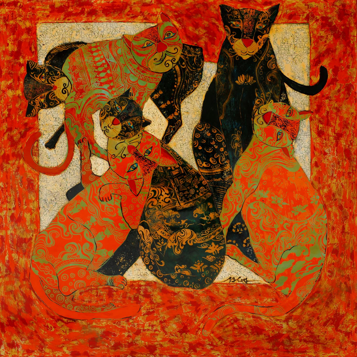 Cats' Talks - Vietnamese Lacquer Painting by Artist Ngo Ba Cong