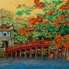 The Huc Bridge II Vietnamese Lacquer painting by artist Nguyen Van Nghia