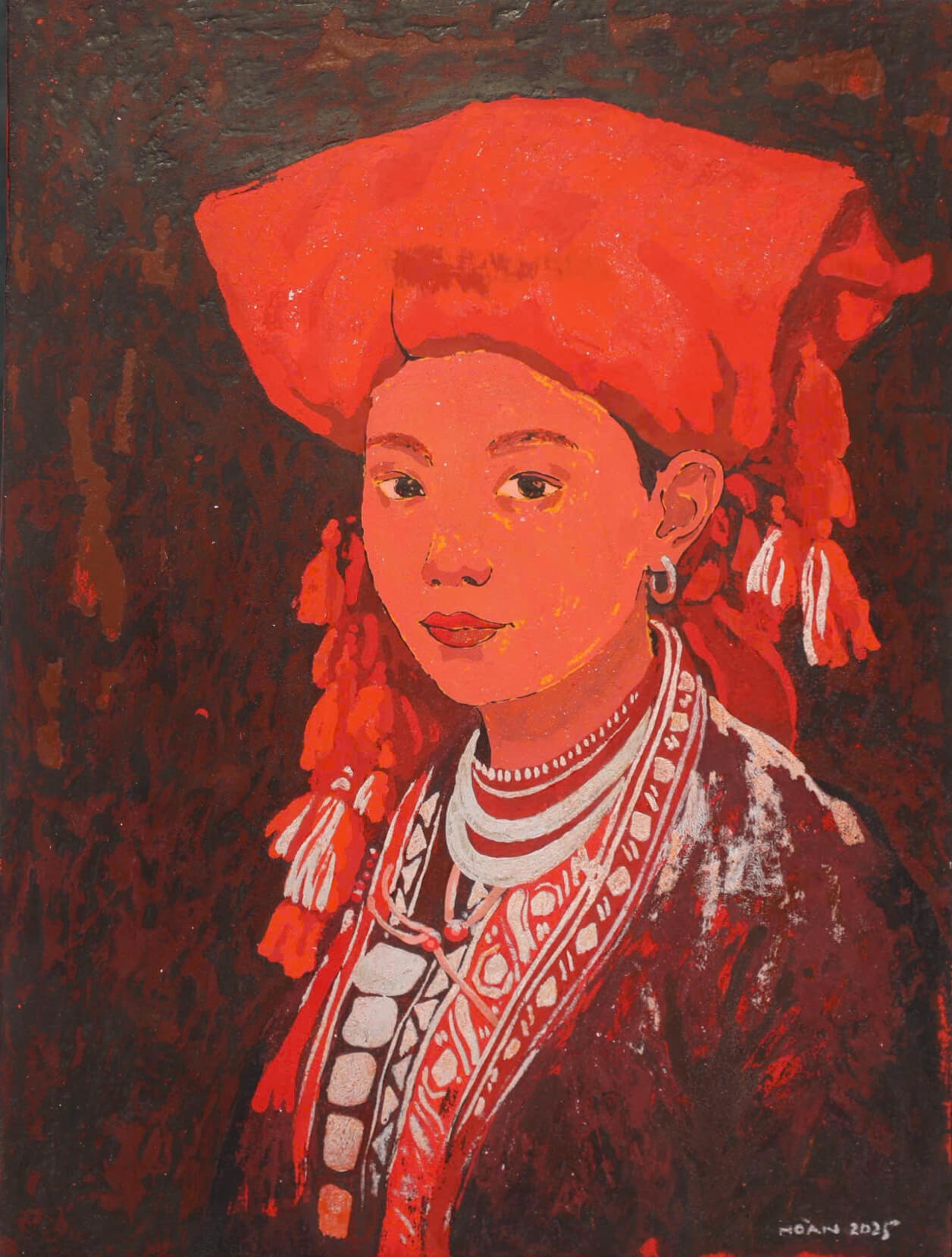 Red Dao Lady - Lacquer Painting by Artist Hoang Hoan