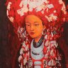 Red Dao Lady VII - Lacquer Paintings by Artist Hoàng Hoàn