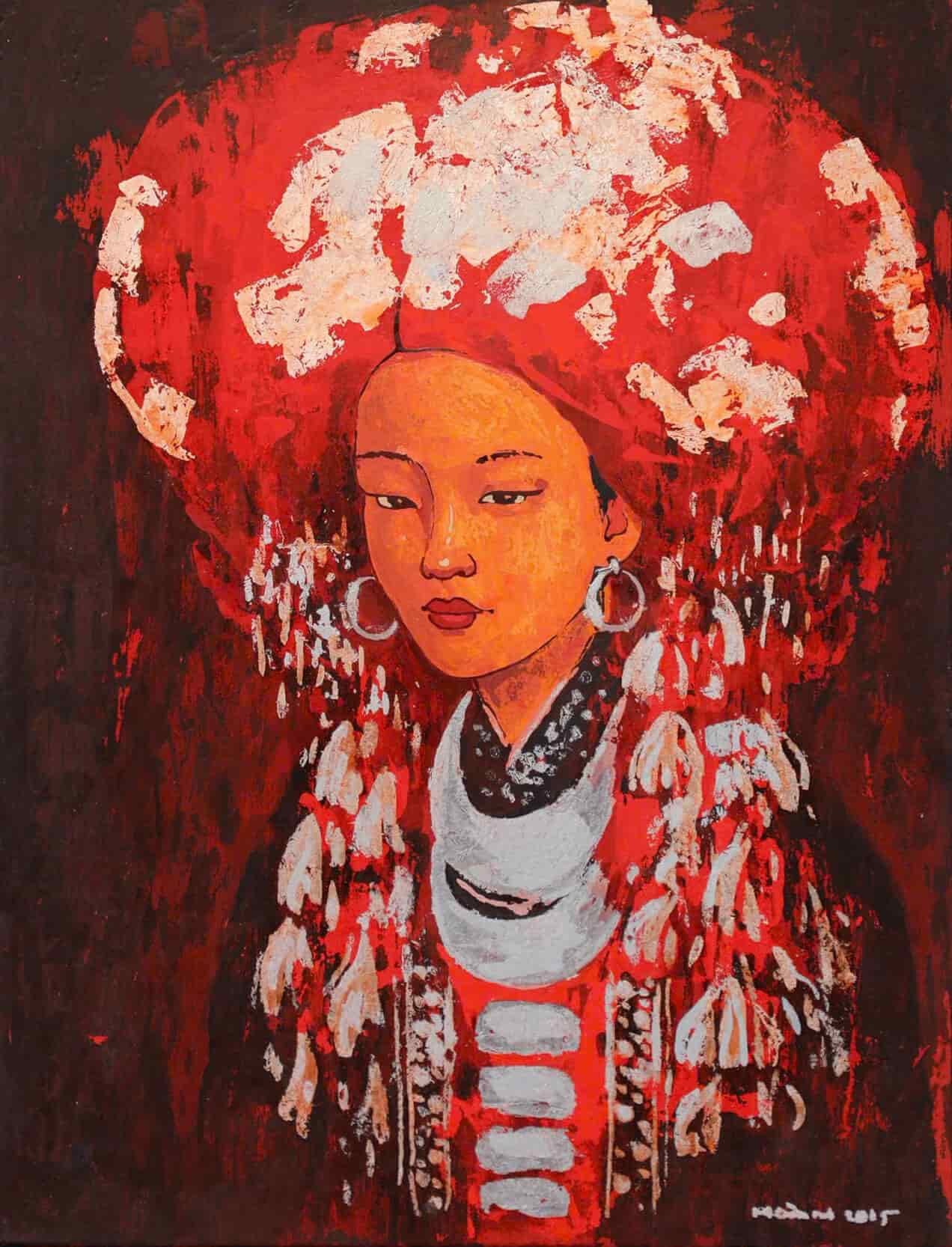 Red Dao Lady VII - Lacquer Paintings by Artist Hoàng Hoàn