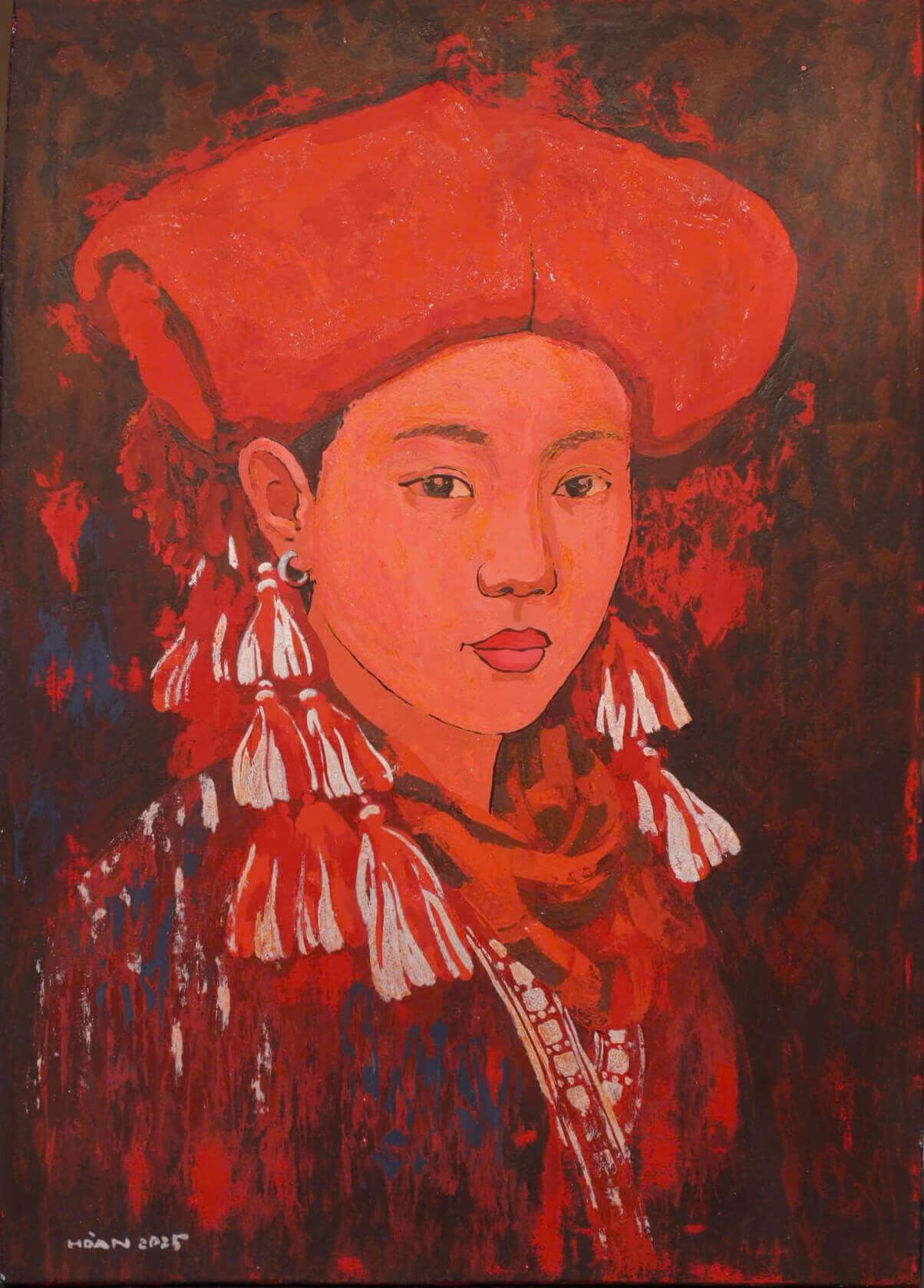 Red Dao Lady VIII - Lacquer Painting by Artist Hoang Hoan