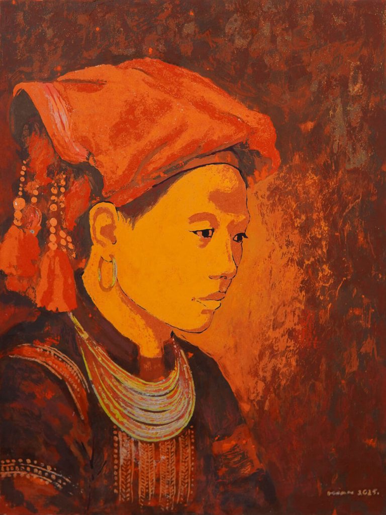 Red Dzao Lady Portrait I - Vietnamese Lacquer Painting by Artist Hoang Hoan