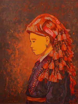 Red Dzao Lady Portrait II Vietnamese Lacquer Painting by Artist Hoang Hoan