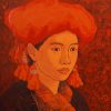 Red Dzao Lady Portrait III Vietnamese Lacquer Painting by Artist Hoang Hoan