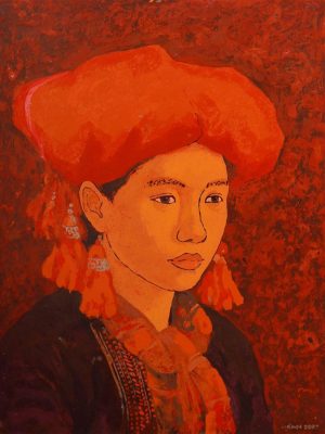 Red Dzao Lady Portrait III Vietnamese Lacquer Painting by Artist Hoang Hoan