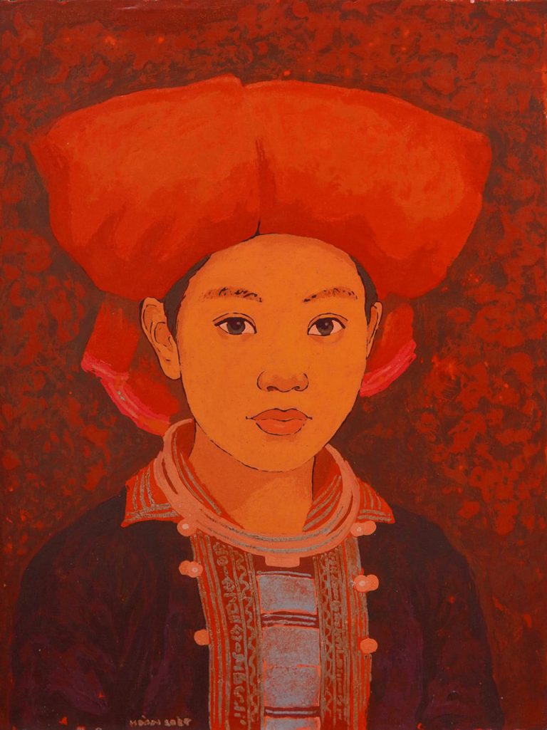 Red Dzao Lady Portrait IV - Vietnamese Lacquer Painting by Artist Hoang Hoan