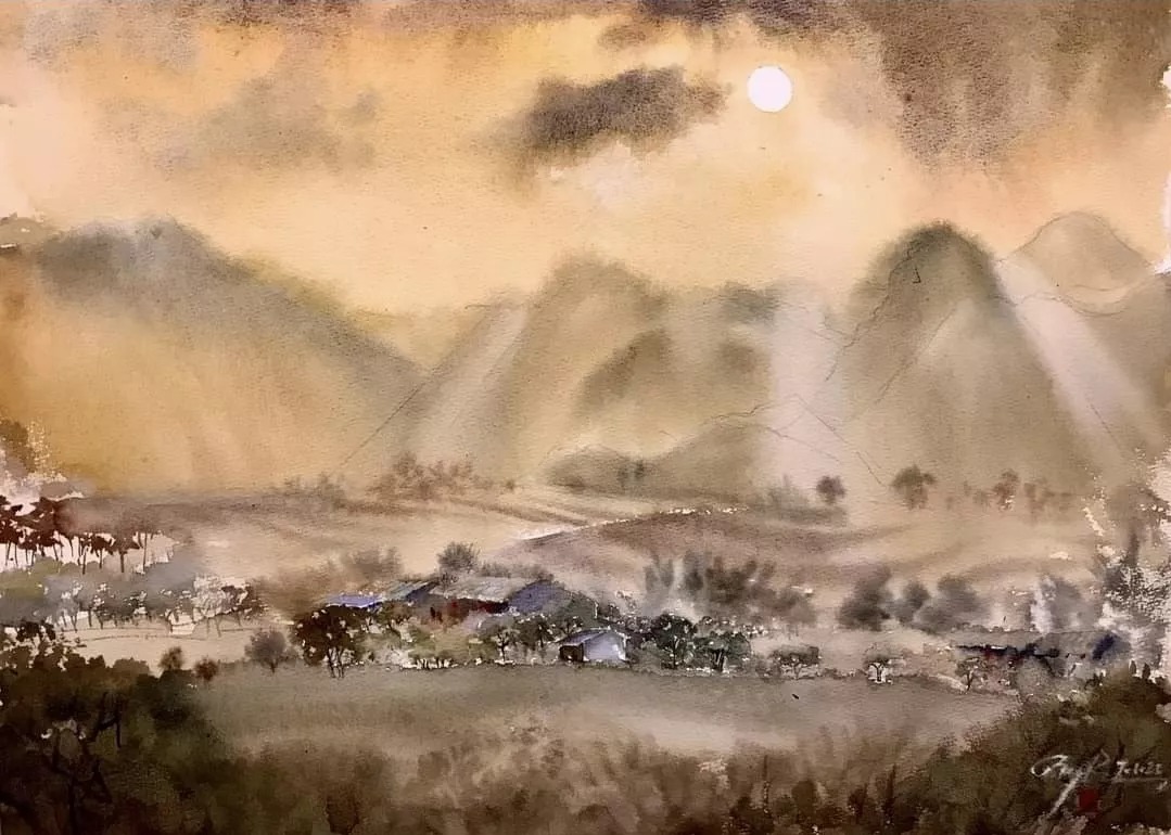 Dusky Mist at Moc Chau - Vietnamese Watercolor Painting By Artist Nguyen Ngoc Phuong