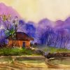 Violet Dusk in the Highlands - Vietnamese Watercolor Painting By Artist Nguyen Ngoc Phuong