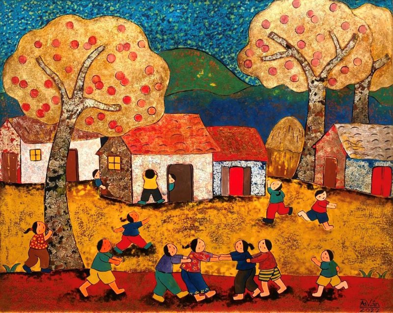 Childhood - Vietnamese Lacquer Painting by Artist Chau Ai Van