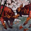 Buffalo Fighting - Vietnamese Lacquer Painting by Artist Le Khanh Hieu