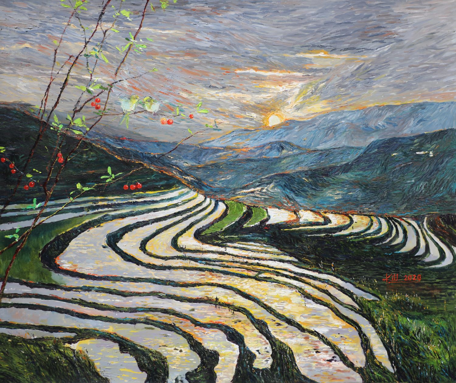 Dawn at the Terrace - Vietnamese Oil Painting by Artist Mai Thi Kim Uyen