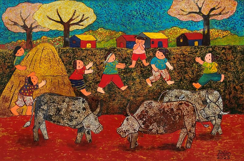 Day of Summer VIII - Vietnamese Lacquer Painting by Artist Chau Ai Van