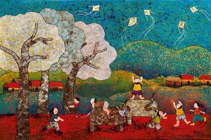 Day of Summer - Vietnamese Lacquer Painting by Artist Chau Ai Van