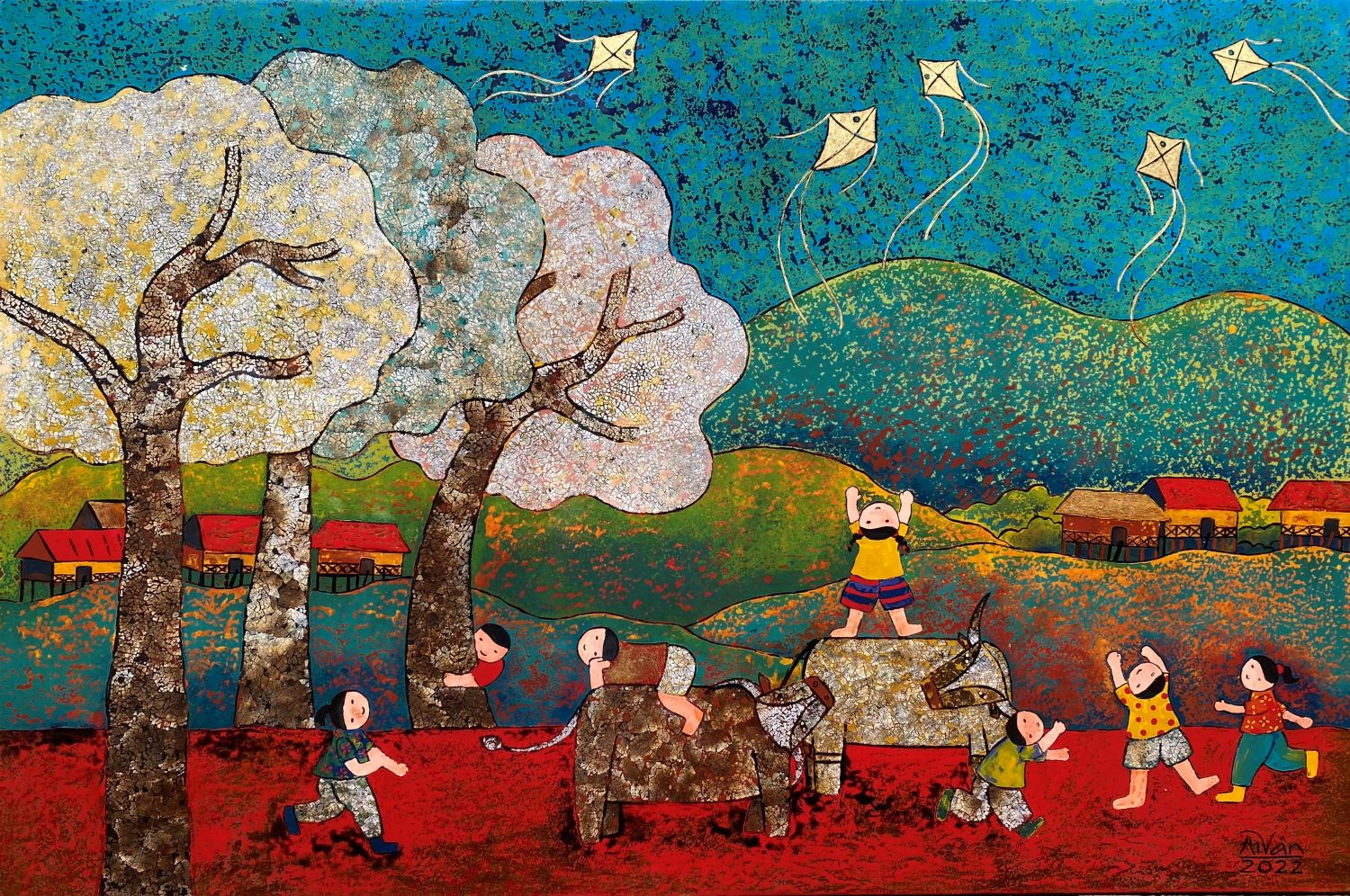 Day of Summer - Vietnamese Lacquer Painting by Artist Chau Ai Van