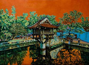 One Pillar Pagoda - Lacquer Painting by Artist Nguyen Van Nghia