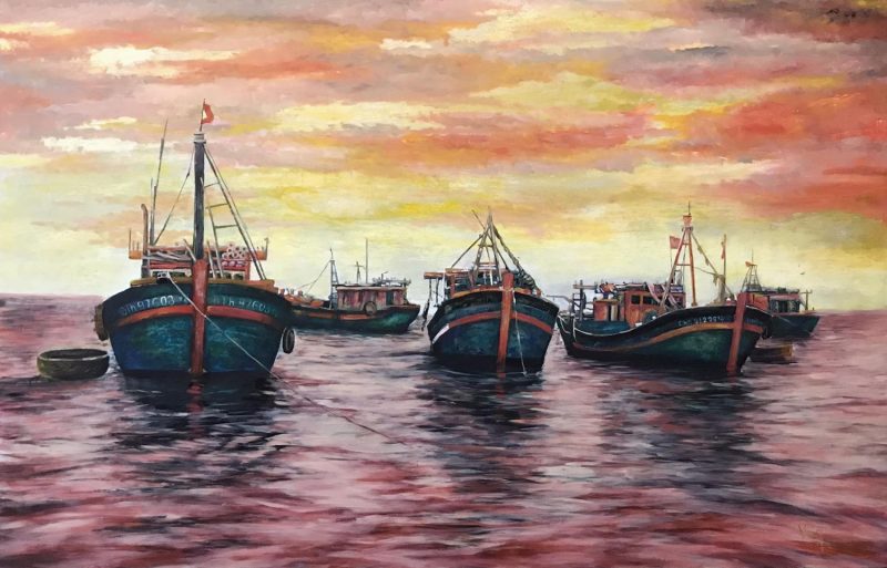 Docking - Vietnamese Lacquer Painting by Artist Nguyen Xuan Viet