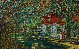 Spring Stroll at the Temple of Literature - Vietnamese Lacquer Painting by Artist Nguyen Tuan Anh